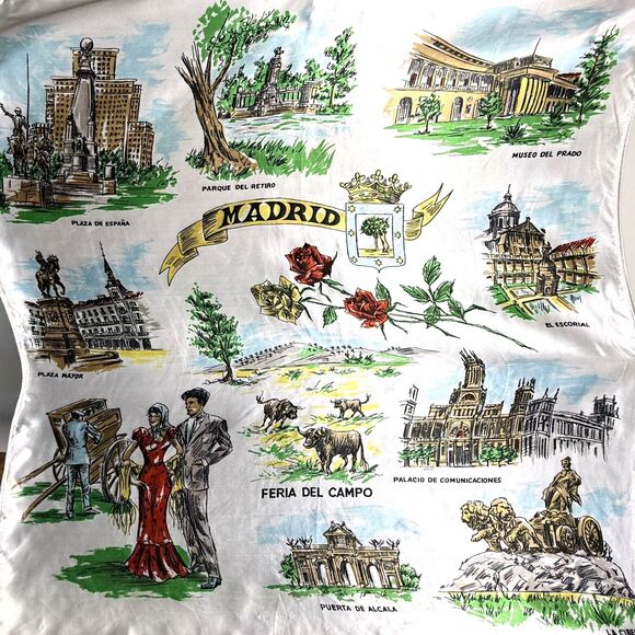 60s 70s Vintage Madrid Souvenir Scarf | Spain Travel Print Tourist Landmarks - Picture 2 of 9